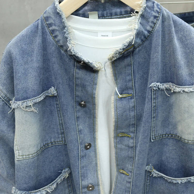 Spring Autumn New Men Fringed Denim Jacket American Retro High Street Pockets Blue Coats Casual Loose Fashion Versatile Tops
