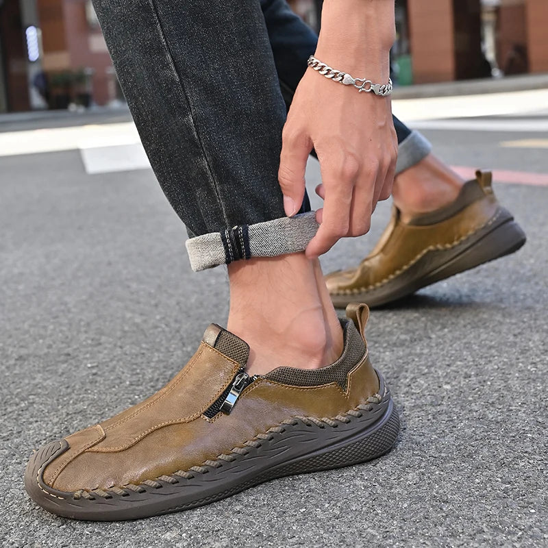 LETCOMFIT Handmade Genuine Leather Men Shoes Casual Comfort Slip on Loafers Men Flats Wear-resistant Walking Shoes All Season
