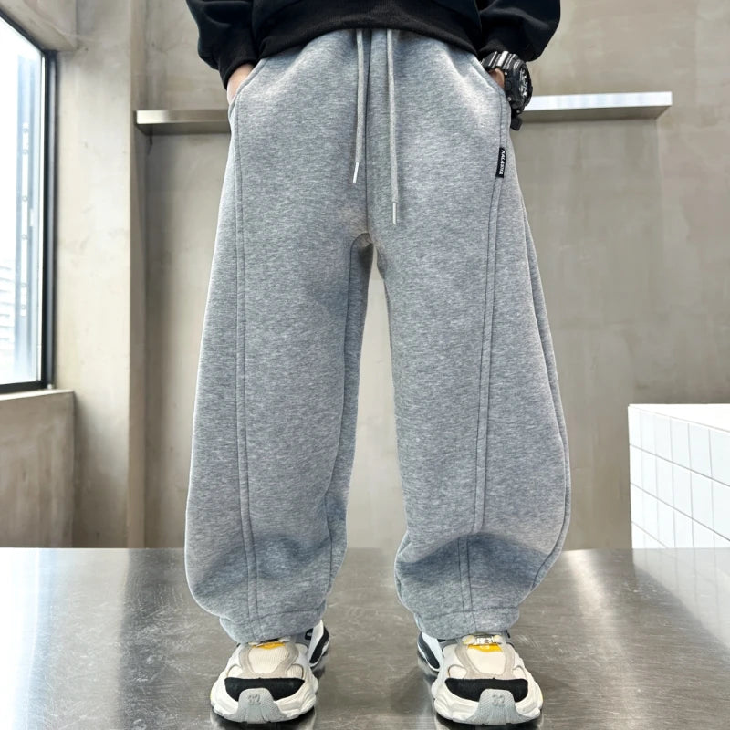 Minimalism Style Kids Cotton Knitted Sports Pants for Boys Casual Wide Leg Trousers Trackpants Children Black Grey Sweatpants