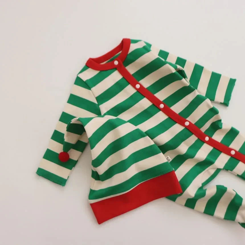 2PCS Christmas Costume Newborn Baby Boy Girl Clothes Striped Romper＋Hat Long Sleeve Cotton Bodysuit Jumpsuits Infant Clothing