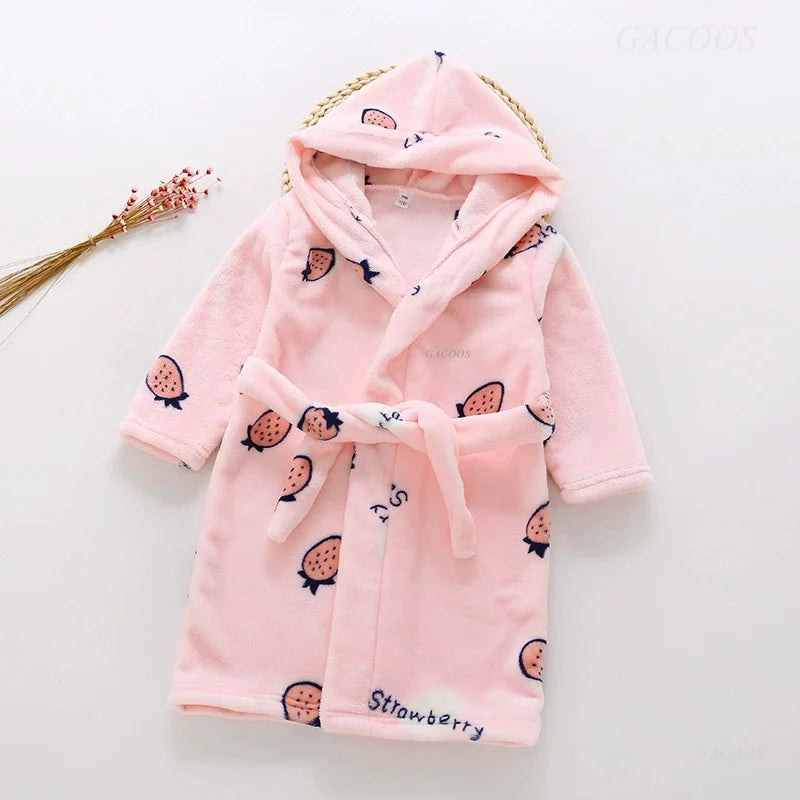 2025 Kids Hooded Flannel Bathrobe Baby Bath Bear Printed Robes Boys Girls Cute Cartoon Soft Warm Pajamas Long Sleeve Towel Robe