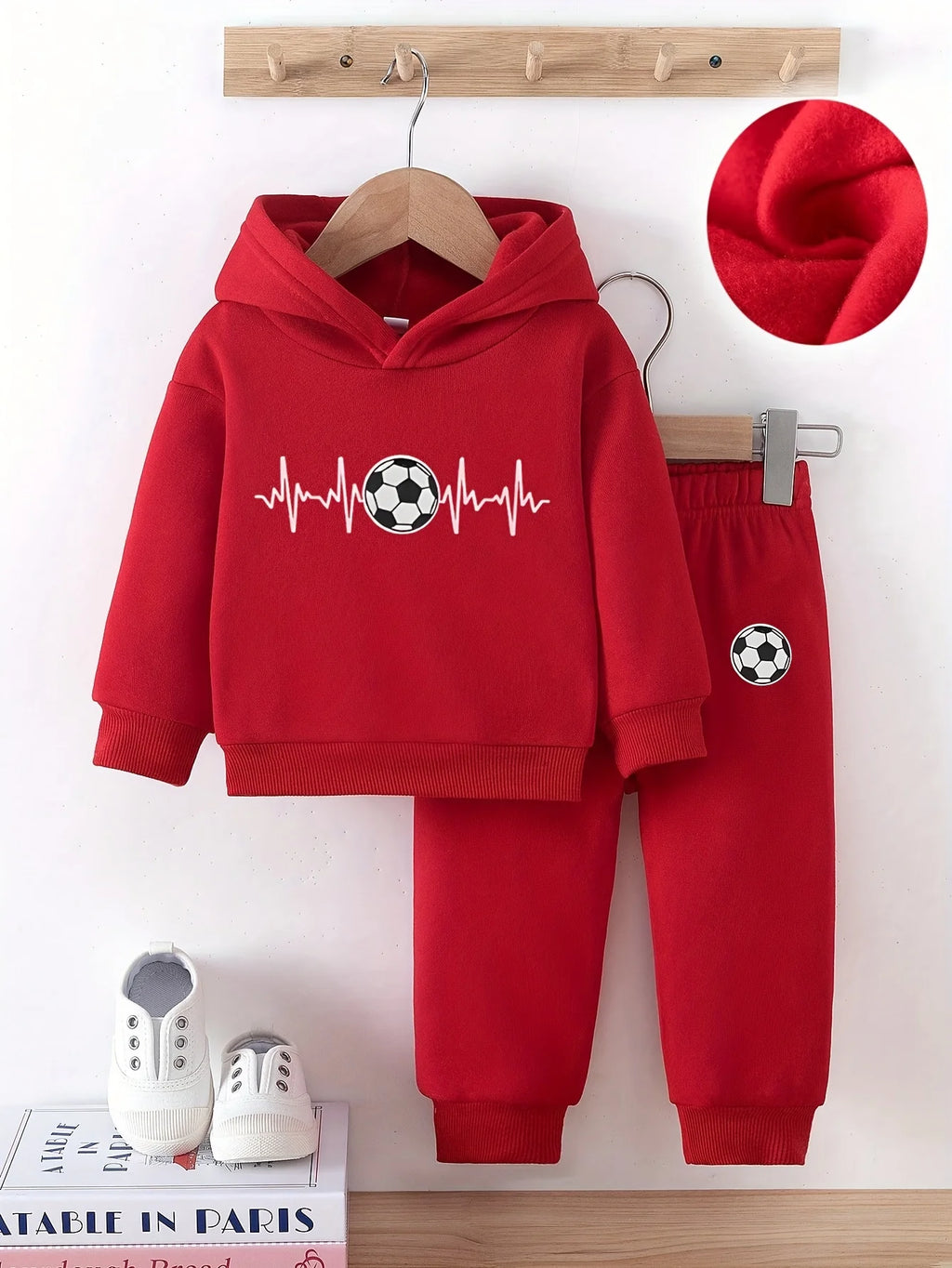Baby Boy's Fashionable Fleece Hoodie with Geometric Soccer Pattern + Casual Sports Pants Set - Perfect for Spring and Fall Gifts