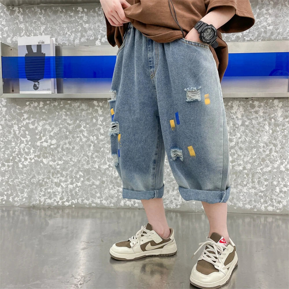 Teen Boys Shorts New Casual Alphabet Cotton Thin Denim Ffabric Children Short Jeans Clothing for Boy 4 6 8 10 12 14 16 Years