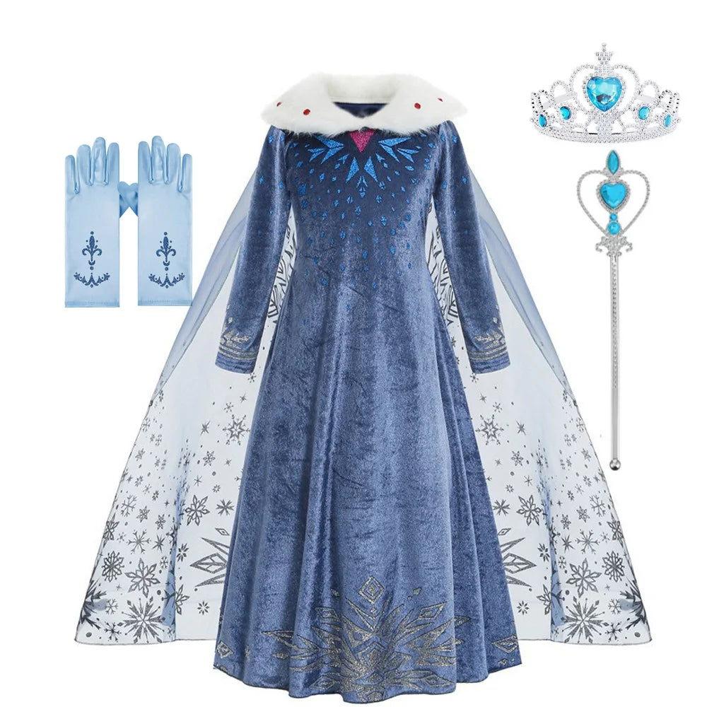 Elsa Costume Girl Blue Dress Long Sleeve Kids Cosplay Princess Dress Up Halloween Birthday Party Outfit