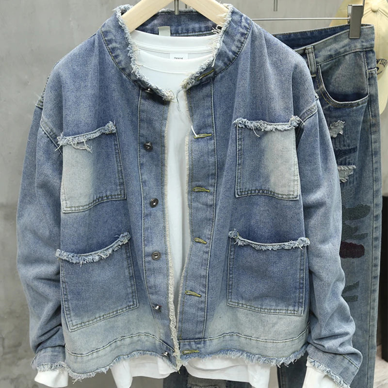 Spring Autumn New Men Fringed Denim Jacket American Retro High Street Pockets Blue Coats Casual Loose Fashion Versatile Tops