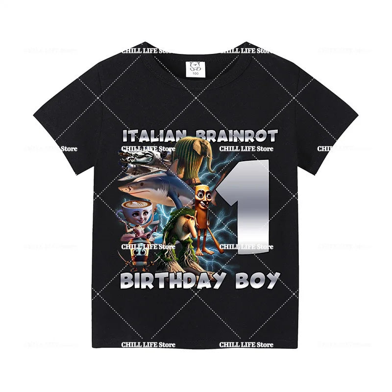 Italian Brainro Kids Birthday Number T-shirts Tung Tung Tung Sahur Summer Clothes Funny Meme Short Sleeves Tops Boys Girls Tees