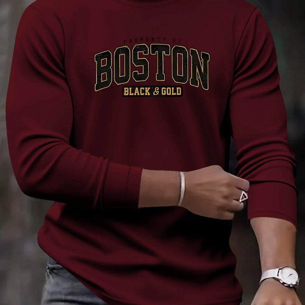 Men's 100% pure cotton loose and comfortable casual sports Los Angeles letter pattern printed round neck long sleeved T-shirt