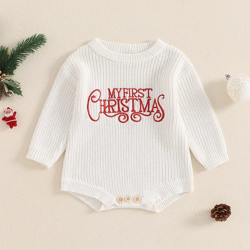My First Christmas Baby Boys Girls Knit Bodysuits Kids Letter Embroidery Long Sleeve Sweater Romper Jumpsuits Clothes