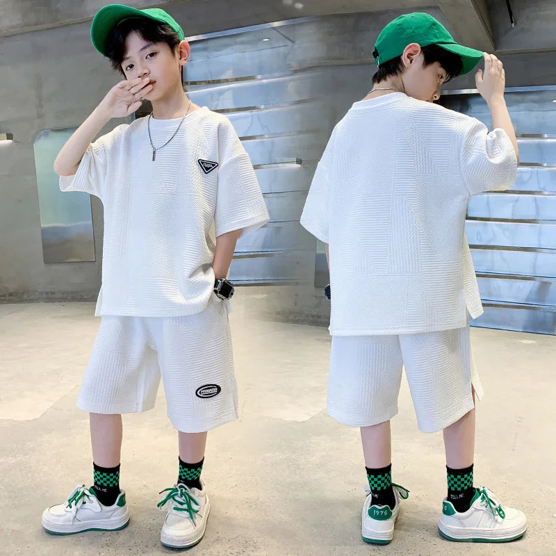 New Summer Boys Clothes Sets Teen Short Sweatshirt + Pants Children Clothing Solid Kids Boy Sport Suits 4 6 8 10 12 14 Years
