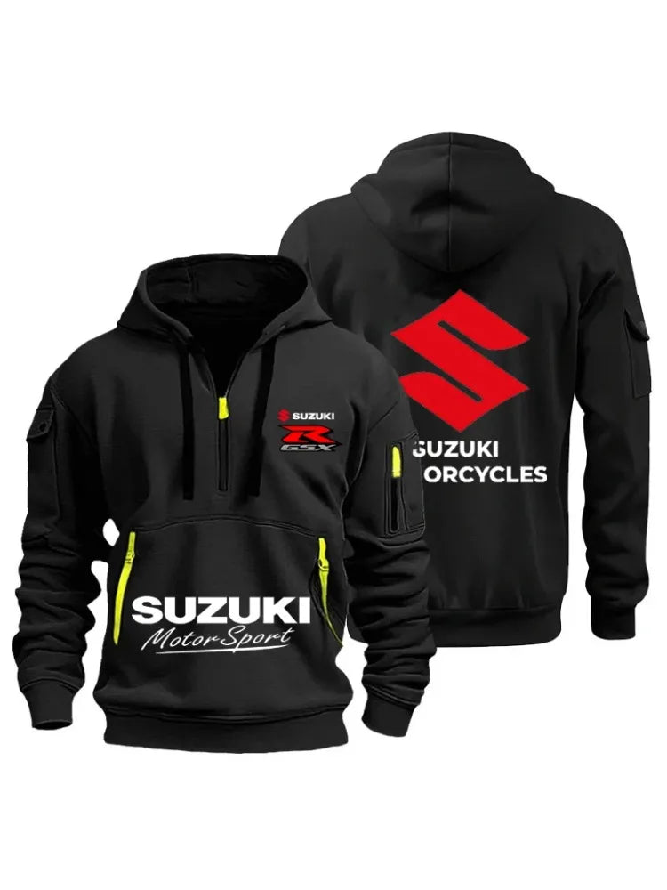 New Suzuki men's hooded sweatshirt for autumn and winter outdoor motorcycle sweatshirt, semi-zipper hooded sweatshirt