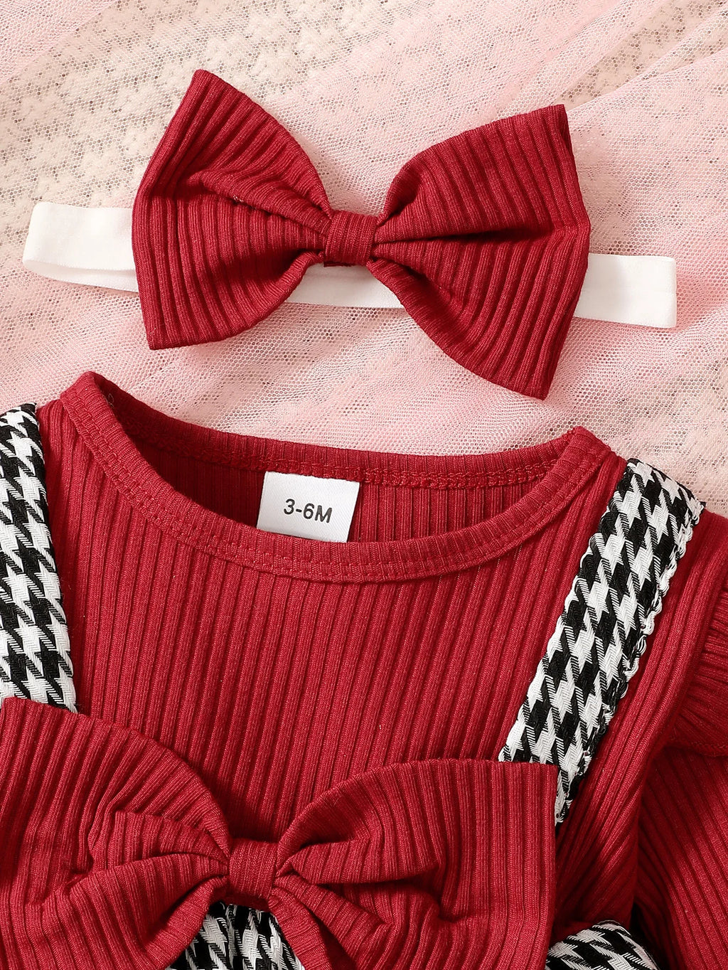 Baby Girl Autumn/Winter Fashion Cute Round Neck Thousand Bird Grid Color blocked Lotus Leaf Side Sleeve Fake Two piece Strap Ski