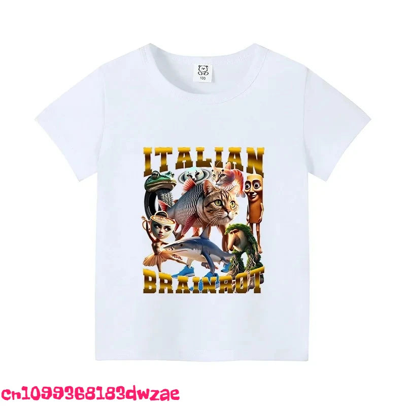Italian Brainrot Animals Kids Cotton T-shirt Cappuccino Assassino Short Sleeve Tops for Kids Funny Meme Cute Tee Summer Clothing
