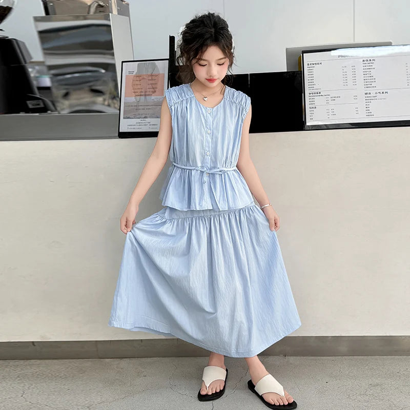 Children Clothing Sets for Girls Summer Teenages Kids Clothes 5-14 Year Girls Fashion Drawstring Sleeveless Top and Skirt Suit