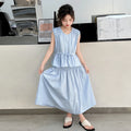 Children Clothing Sets for Girls Summer Teenages Kids Clothes 5-14 Year Girls Fashion Drawstring Sleeveless Top and Skirt Suit
