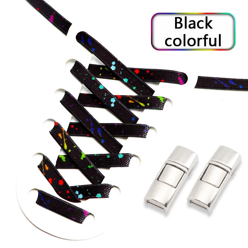Splashing ink No tie Shoelaces Kids Adult Colorful Press Lock Sports Shoelace Without ties Flats 8MM Thick Tennis Elastic Laces