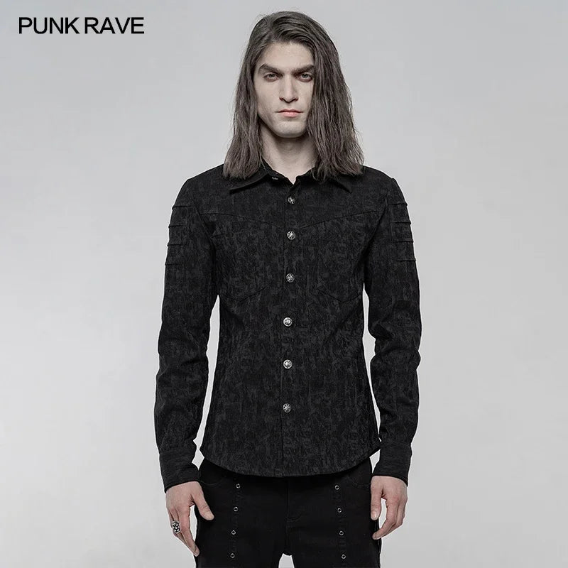 PUNK RAVE Men's Gothic Classic Stretch Jacquard Blouses Punk Slim Palace Noble Simple Casual Long Sleeve Men Shirts