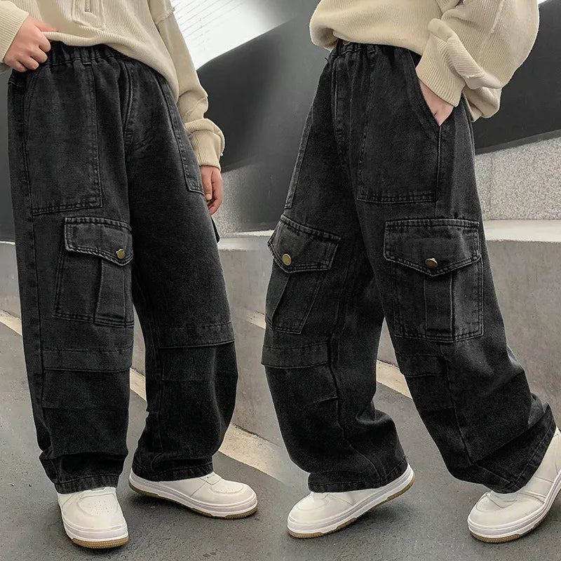 Boys Cargo Jeans New Teenage Children Wide Leg Denim Pants for Kids Loose Pockets Trousers Spring Autumn 4 6 8 10 12 14 16Yrs