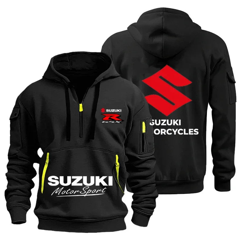 New Suzuki men's hooded sweatshirt for autumn and winter outdoor motorcycle sweatshirt, semi-zipper hooded sweatshirt