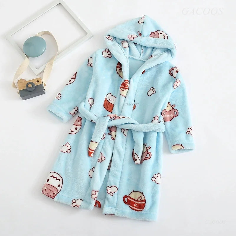 2025 Kids Hooded Flannel Bathrobe Baby Bath Bear Printed Robes Boys Girls Cute Cartoon Soft Warm Pajamas Long Sleeve Towel Robe