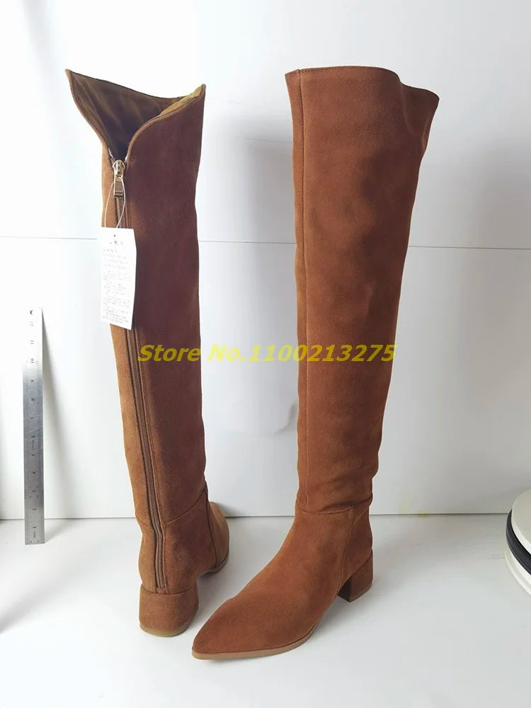 Block Heel Knee High Suede Boots Square High Heel Back Zipper Tan Black Fashion 2025 Winter Women Dress Shoes