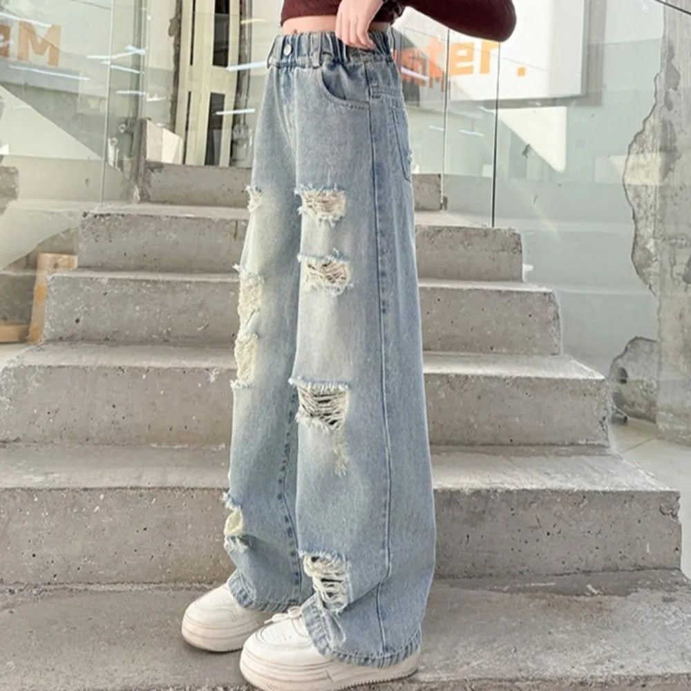 Ripped Wide Children Jeans Loose Leg Straight Blue Teen Girl Jeans High Waist Korean Style Girls Denim Trousers Spring Autumn