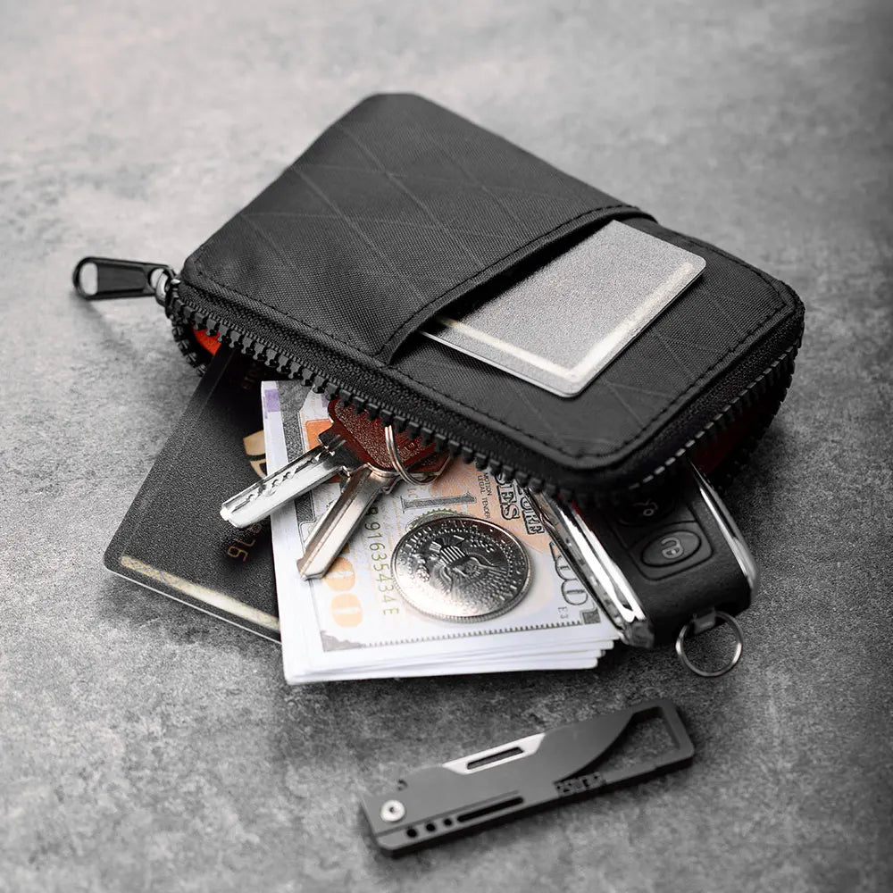 Zip Card Pouch - Use as Card Wallet and Coin Pouch - Holds 12-20 Cards and Cash - Made With Black Axoflux and RFID Blocking