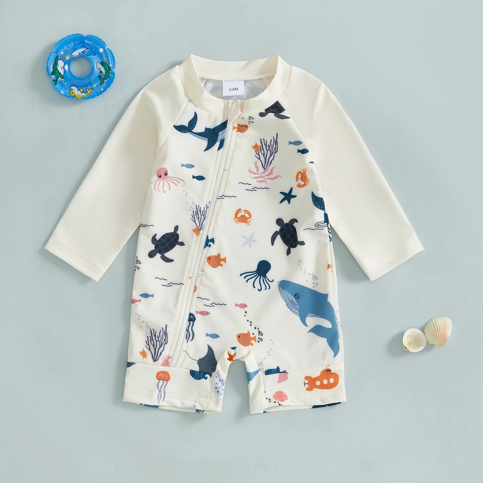 Toddler Baby Boy Rash Guard Summer Infant Swimsuit Long Sleeve Ocean Animal Print Swimwear Children Zip Up Bathing Suit Swimwear
