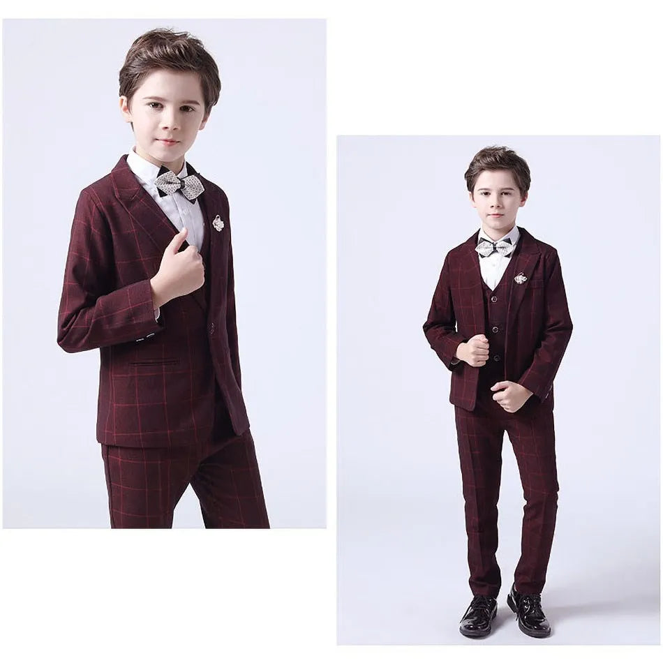 Teenager Costume Boy Young Blazer Children Elegant Party Suit Baby Blue Gray Red Plaid Birthday Tuxedo Gentlemen Pageant Outfits