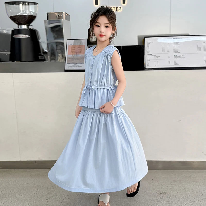 Children Clothing Sets for Girls Summer Teenages Kids Clothes 5-14 Year Girls Fashion Drawstring Sleeveless Top and Skirt Suit