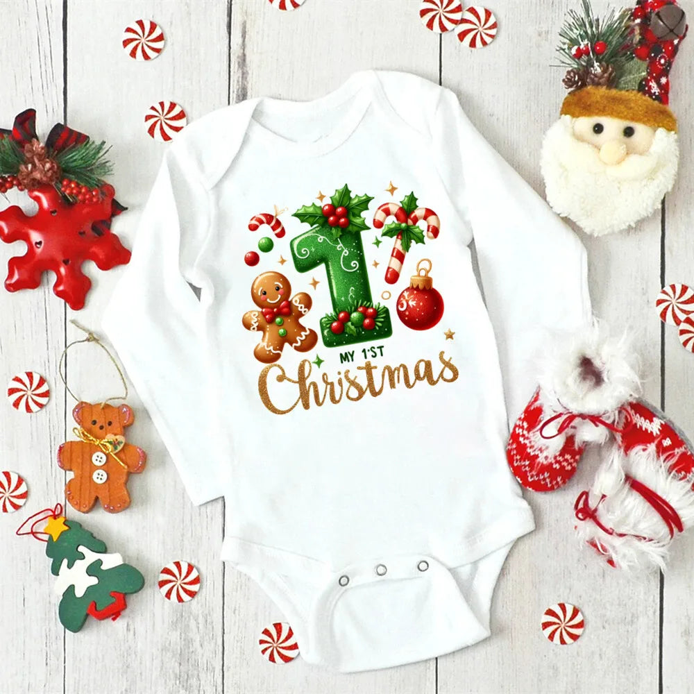 My 1st Christmas Deer Print Baby Romper Newborn Long Sleeve Romper Xmas Toddler Jumpsuit Christmas Party Infant Bodysuit Outfit