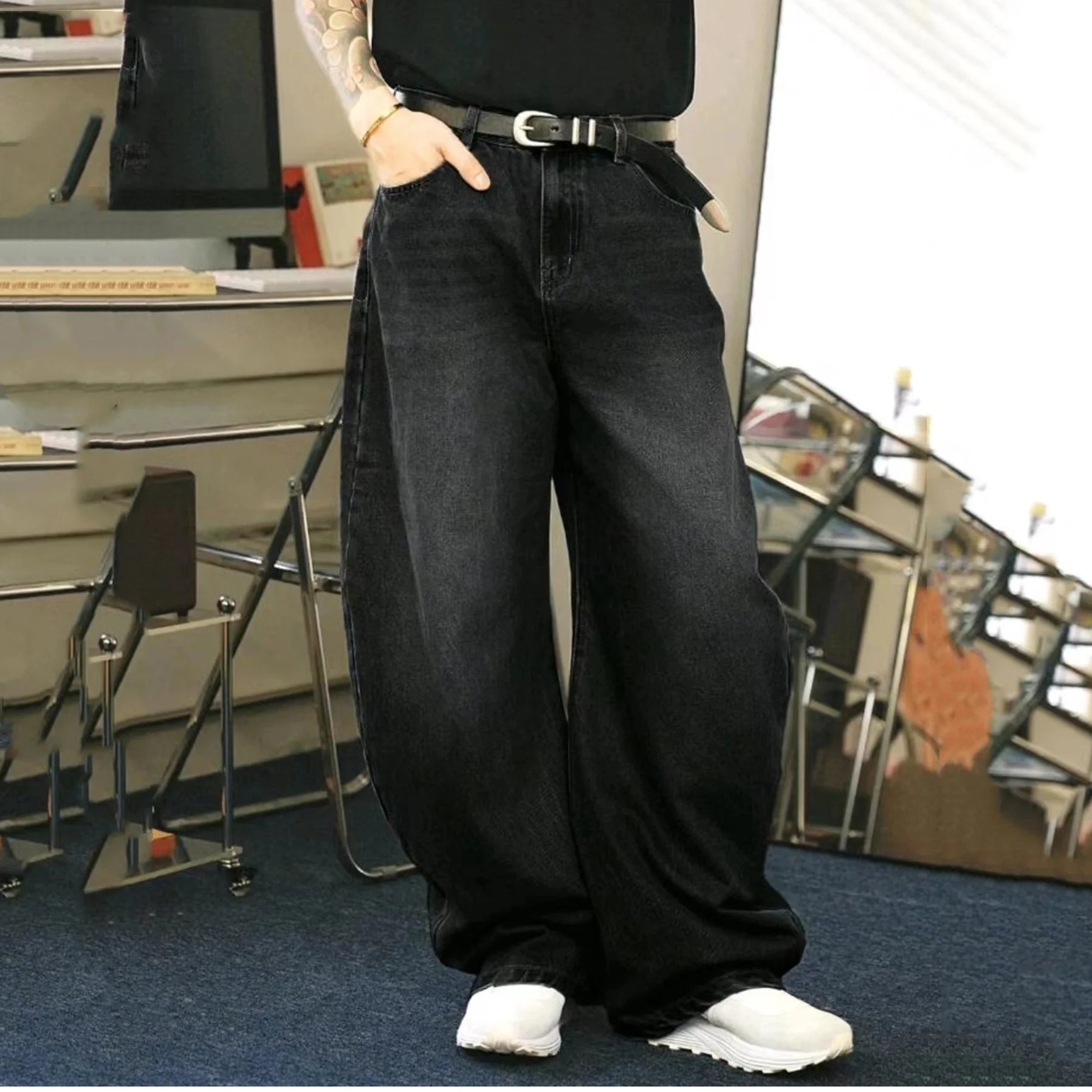 Streetwear Loose Jeans for Men Korean Style Fashion Loose Straight Wide Leg Pants Men's Clothing Black Light Blue Trousers