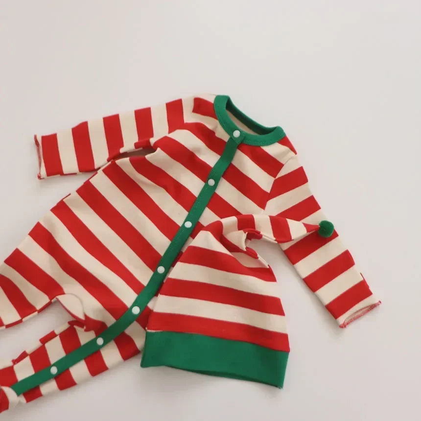 2PCS Christmas Costume Newborn Baby Boy Girl Clothes Striped Romper＋Hat Long Sleeve Cotton Bodysuit Jumpsuits Infant Clothing