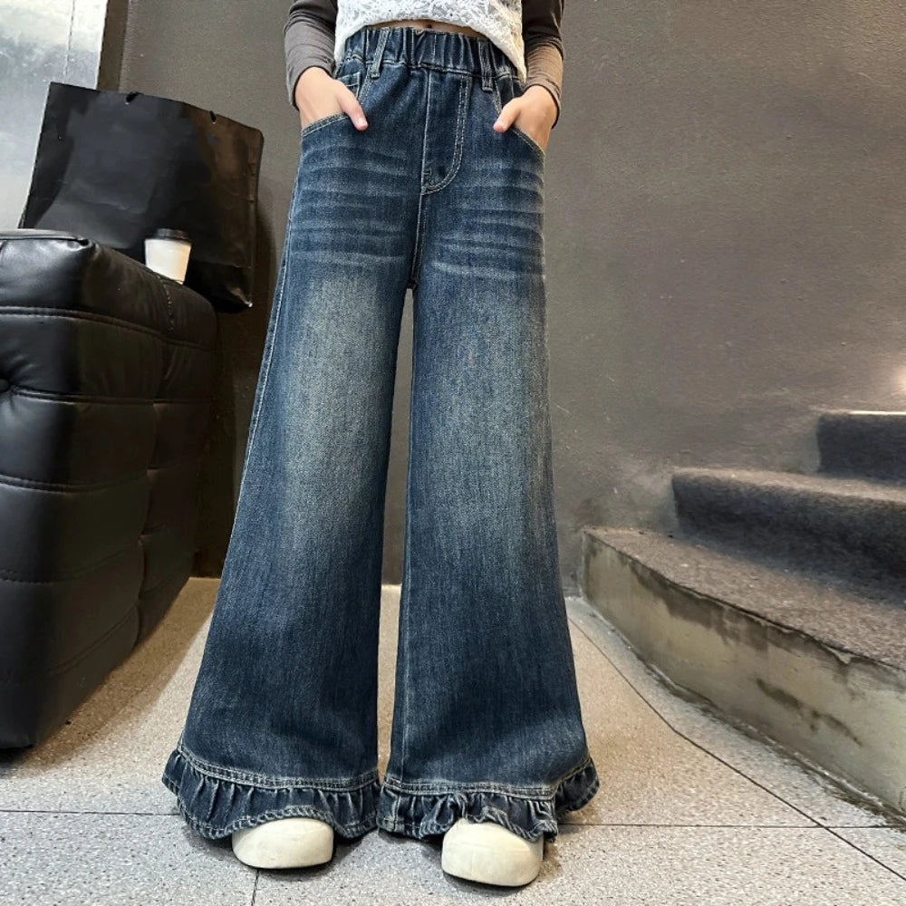 Wide Leg Pants Teen Girl Jeans Straight Long Loose Children Ruffled Jeans High Waist Streetwear Girls Denim Trousers Girls Gift