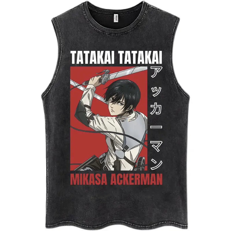 Washed Anime Attack on Titan Vintage Tank Tops Eren Yeager Shingeki No Kyojin Sleeveless T Shirt Men's Cotton Loose Y2k T Shirts