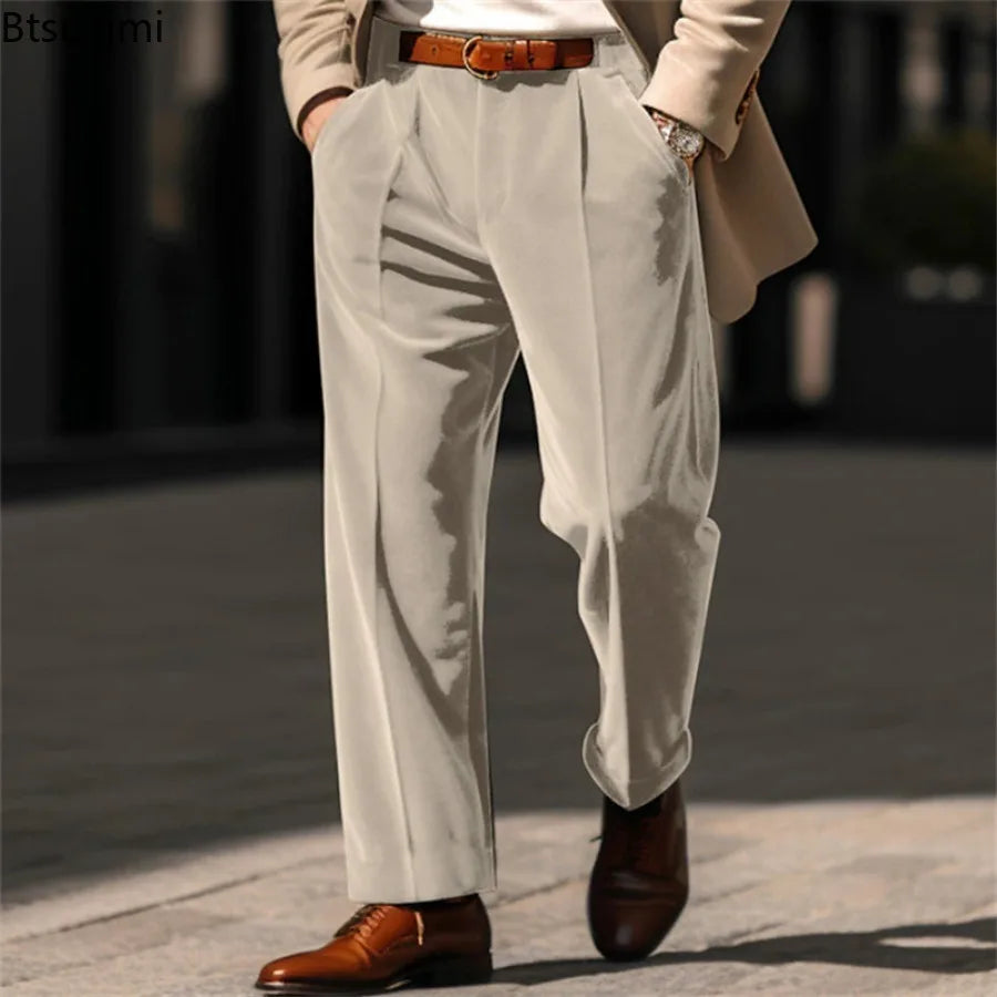2025 Spring Autumn Men's Solid Color Velvet Suit Pants Business Casual Straight Leg Trousers Male Streetwear Fashion Dress Pants