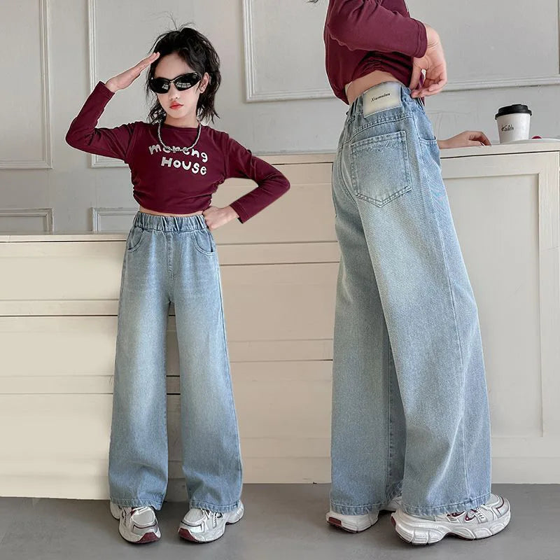 RAISE Autumn Teens Girls Denim Pants Elastic Waist Youth Girls Trousers Casual Pure Color Children Girls Jeans 3-12Y Girl Pants