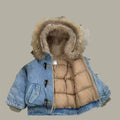 Children Boys Winter Jackets Denim Padded Outerwear Coat For 4-14Y Kids Boys Faux Fur Hooded Young Teens Boys Warm Parkas