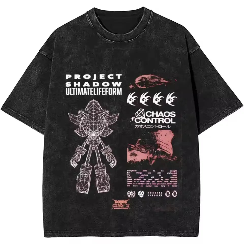 Japanese Shadows Hedgehog Washed T-Shirt Mens Y2K Retro Cotton T-Shirts Summer O-Neck Fashion Tees Printed Oversized Tops