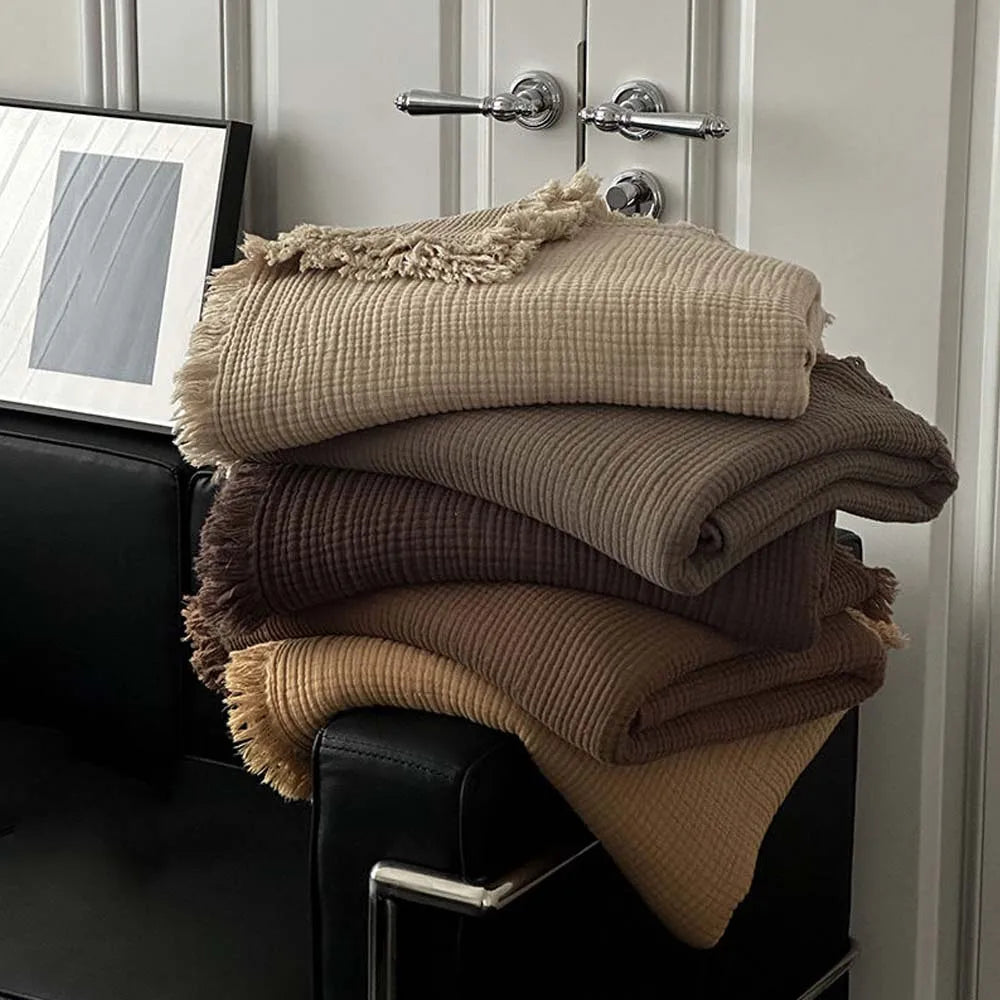 1PC Blanket 100% Cotton Sofa Towel Tassels Bed Solid Color Shawl Skin-friendly Plaid Blankets for Travel Home Bed Sofa Office