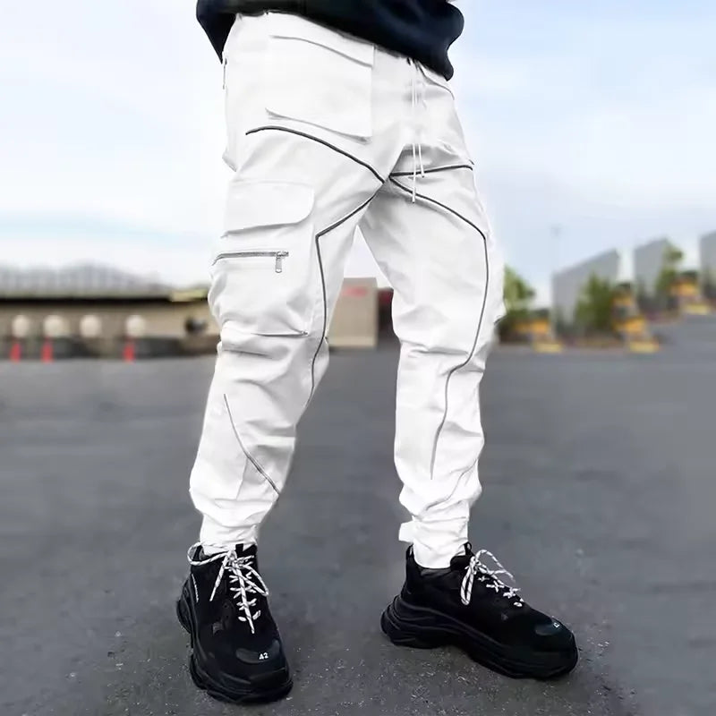 Men's Casual Pants Multi-pocket Cargo Trousers Striped Reflect Sweatpants Breathable Lightweight Jogging Trousers Gym Trackpant