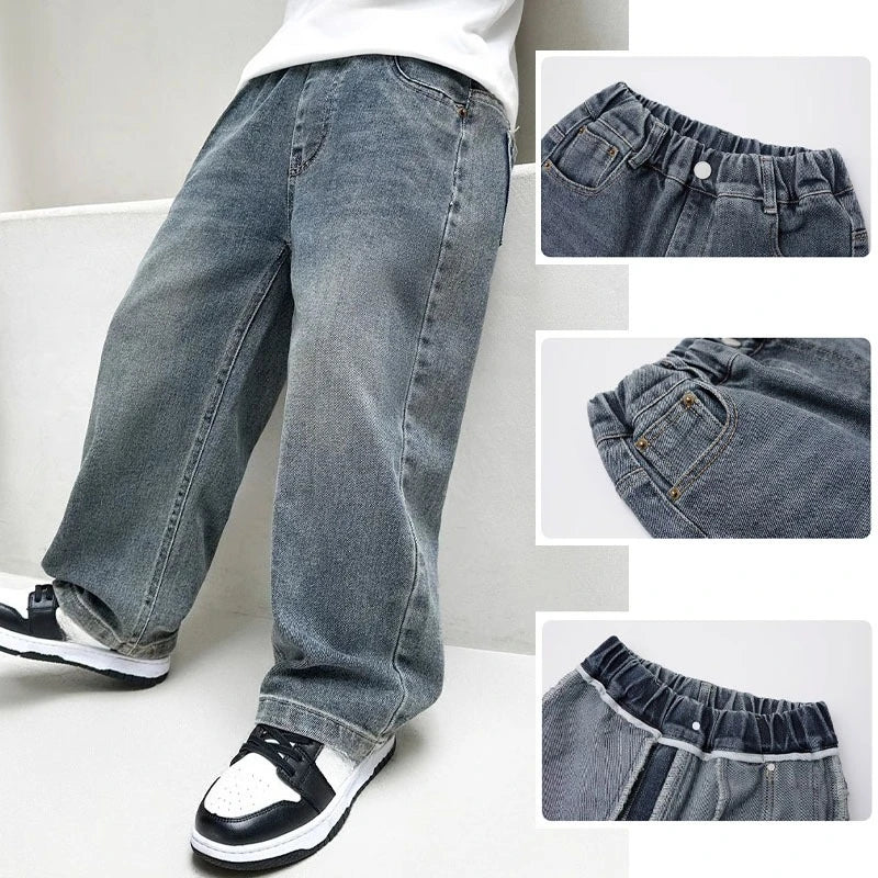 4-12Y Boy Jeans 2025 New Autumn Wide Straight Leg Denim Pant Versatile Stylish Children's Handsome Casual Cotton Sports Trousers