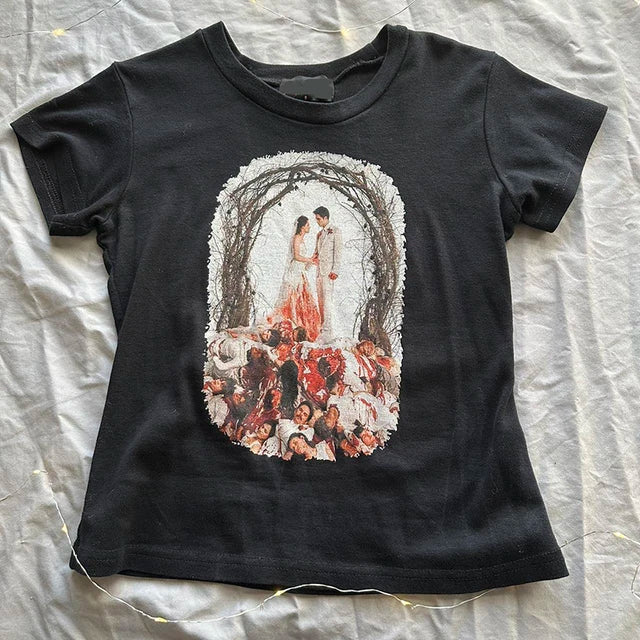 women's 90s T-shirts Fashion Goth Baby Tees Crop Tops  2000s Emo girls Y2k style clothes Harajuku print grunge Short Tops