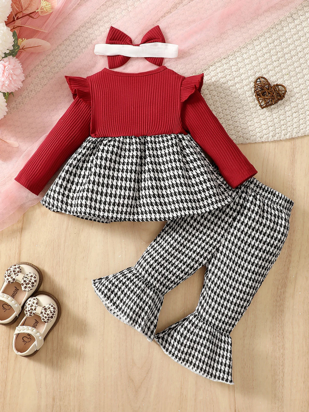Baby Girl Autumn/Winter Fashion Cute Round Neck Thousand Bird Grid Color blocked Lotus Leaf Side Sleeve Fake Two piece Strap Ski