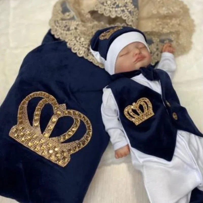Dollbling Royal Blue Velvet Baby Romper Outfits Set Welcome Home Nursery Infant Nest Luxury Crown Receiving Blanket