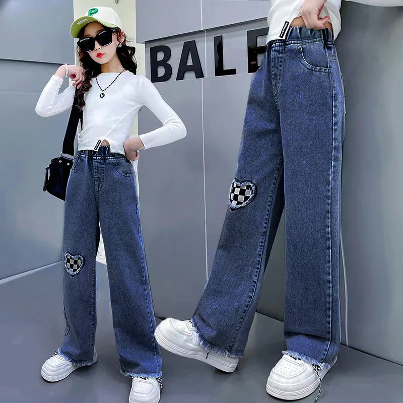 Girls Jeans spring autumn Casual Loose Side Gradient Color Young Children hole Wide Leg Pants3-12Years Teen School Kids Trousers