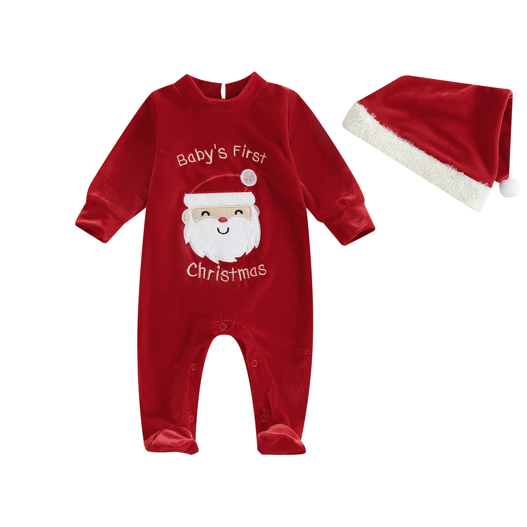 Baby Christmas Outfit Long Sleeve Semi-high Neck Santa Claus Footie Jumpsuit with Hat 2-piece Outfit for Boys Girls