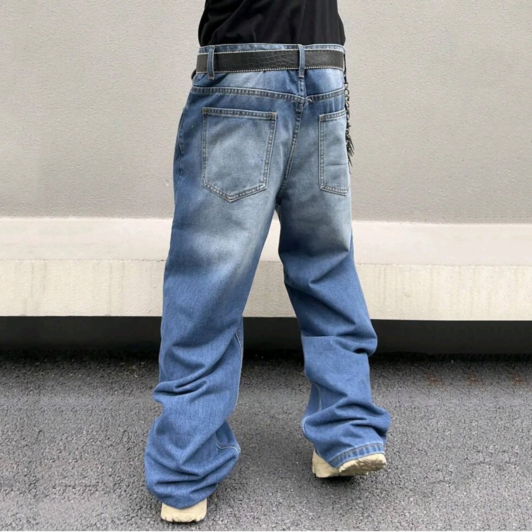 Streetwear Loose Jeans for Men Korean Style Fashion Loose Straight Wide Leg Pants Men's Clothing Black Light Blue Trousers