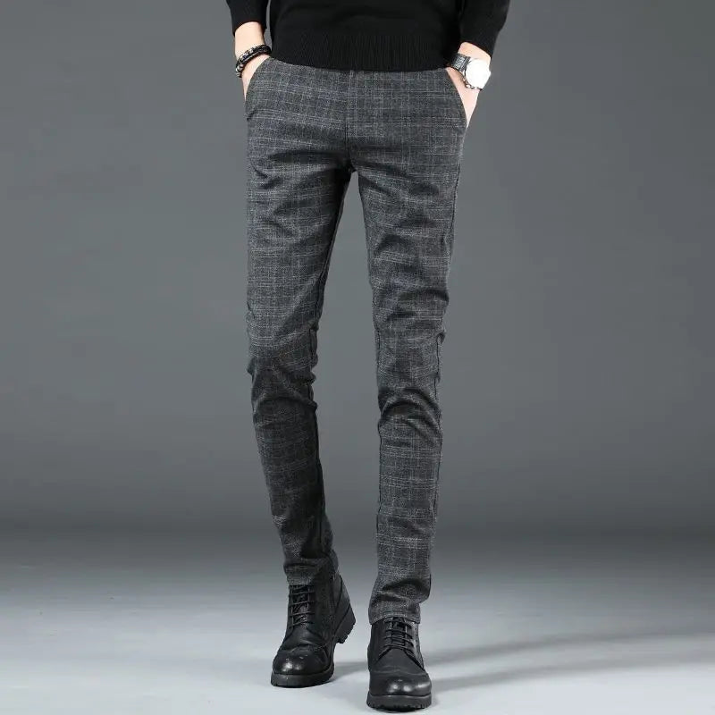 Men's Clothing Korean Fashion Vintage Plaid Business Casual Suit Pants Autumn Formal Slim Straight Trousers Pantalones Hombre