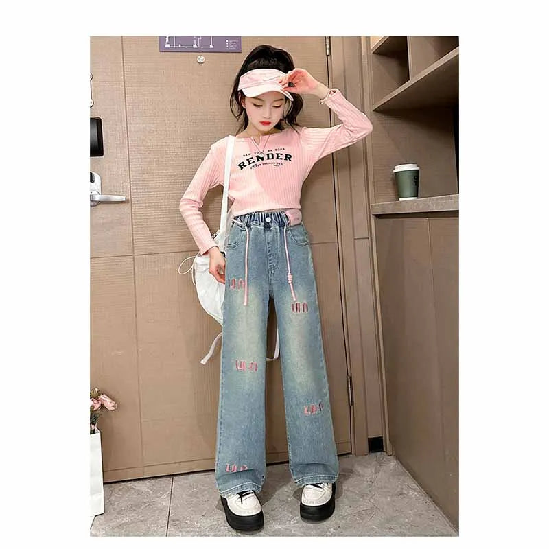 New Girls Letter Jeans Spring Autumn Kids Loose Fashion Casual Trousers Children Temperament Elastic Straight Pants 2-12 Years