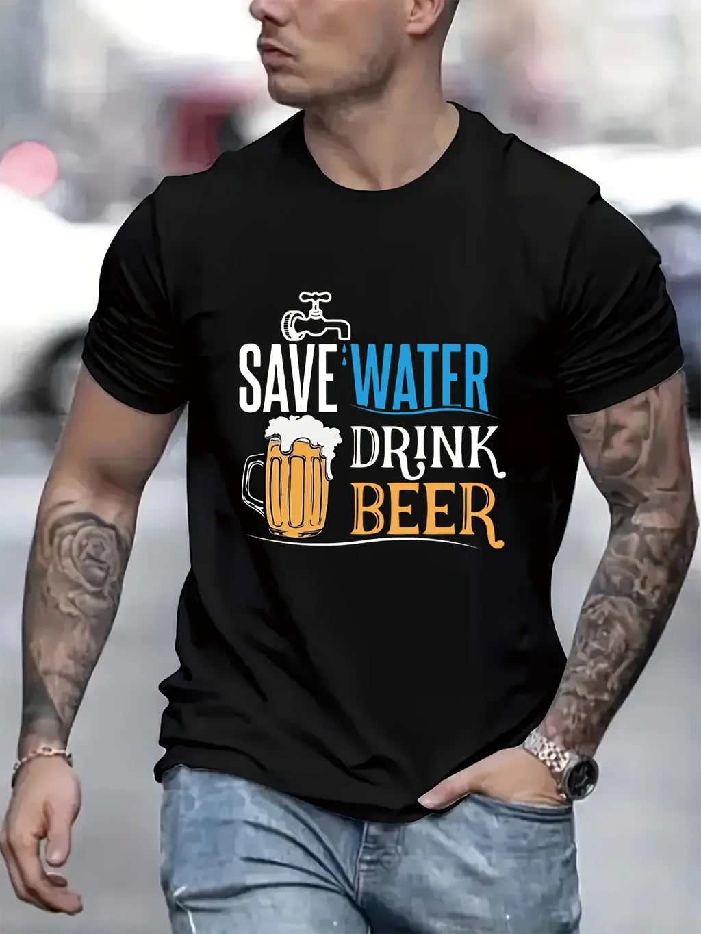 Men's summer 100% pure cotton Creative beer graphic printed fashionable and casual loose round neck short sleeved T-shirt top